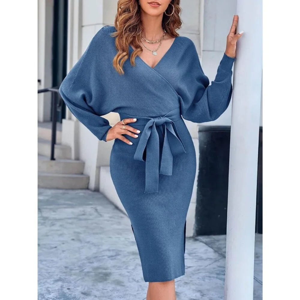 Women's Sweater Dress Wrap Batwing V Neck Slit Bodycon Dress Jeans Blue - Picture 6 of 7